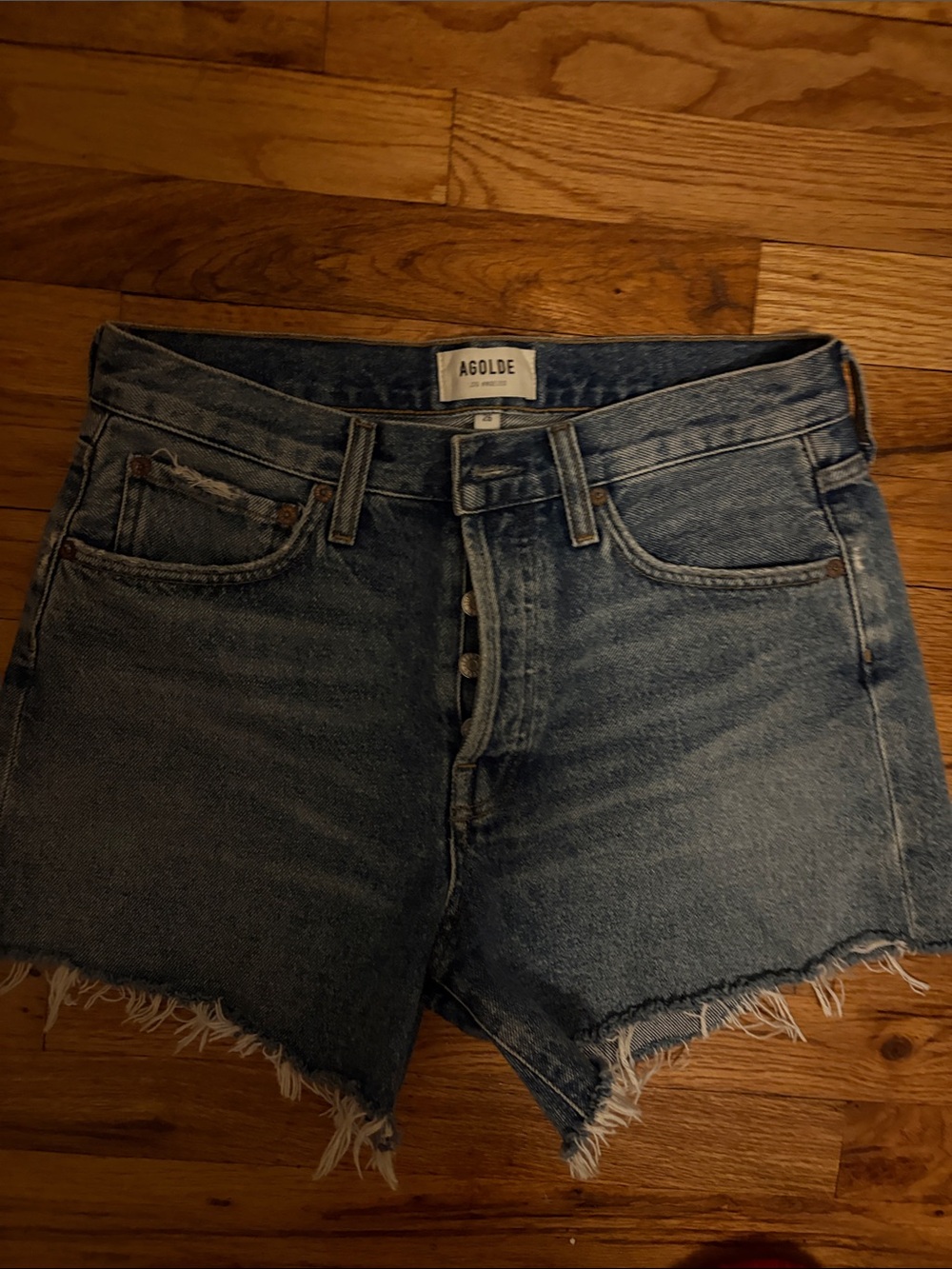 Agolde Blue High-Rise Raw Hem Denim Shorts